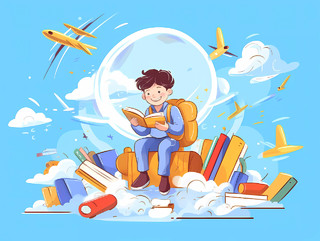 卡通插画学生乘坐铅笔书本飞行概念